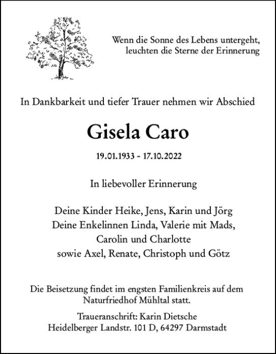 Traueranzeige von Gisela Caro von vrm-trauer Darmstädter Echo