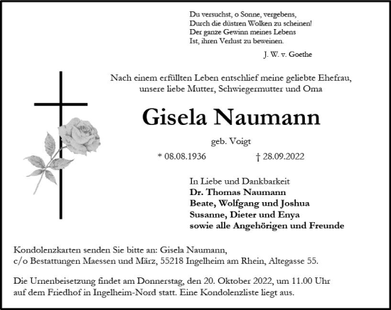 Traueranzeige von Gisela Naumann von vrm-trauer Allgemeine  Zeitung Ingelheim-Bingen
