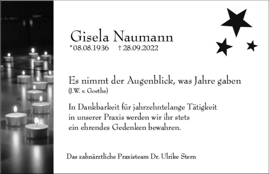 Traueranzeige von Gisela Naumann von vrm-trauer Allgemeine  Zeitung Ingelheim-Bingen