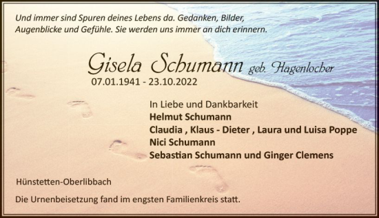 Traueranzeige von Gisela Schumann von vrm-trauer Idsteiner Zeitung
