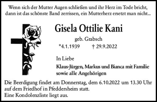 Traueranzeige von Gisela Ottilie Kani von vrm-trauer Wormser Zeitung