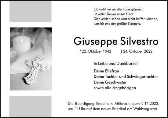 Traueranzeige von Giuseppe Silvestro von vrm-trauer Rüsselsheimer Echo / MainSpitze