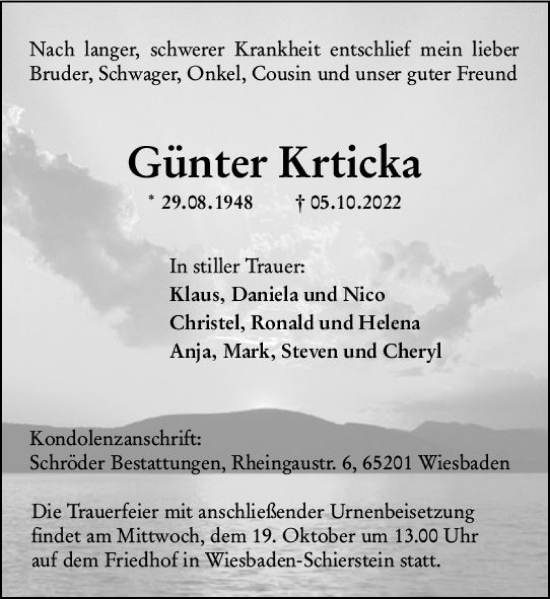 Traueranzeige von Günter Krticka von vrm-trauer Wiesbadener Kurier