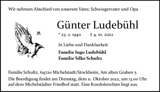 Traueranzeige von Günter Ludebühl von vrm-trauer Odenwälder Echo