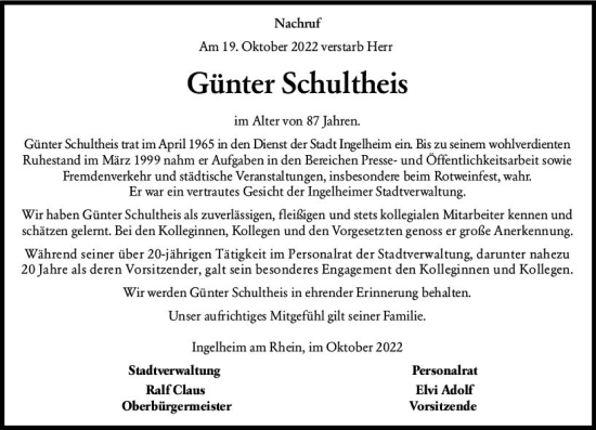 Traueranzeige von Günter Schultheis von vrm-trauer Allgemeine  Zeitung Ingelheim-Bingen