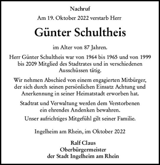 Traueranzeige von Günter Schultheis von vrm-trauer Allgemeine  Zeitung Ingelheim-Bingen