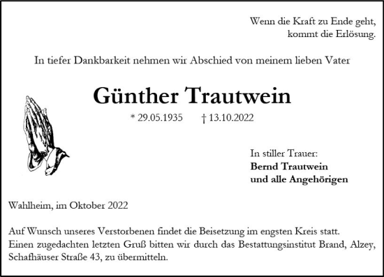Traueranzeige von Günther Trautwein von vrm-trauer Allgemeine Zeitung Alzey