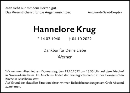 Traueranzeige von Hannelore Krug von vrm-trauer Wormser Zeitung