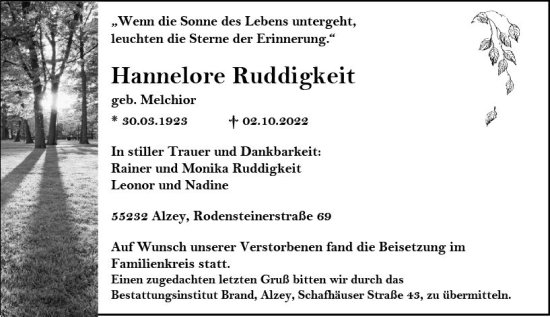 Traueranzeige von Hannelore Ruddigkeit von vrm-trauer Allgemeine Zeitung Alzey