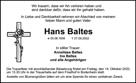Traueranzeige von Hans Baltes von vrm-trauer AZ Mainz