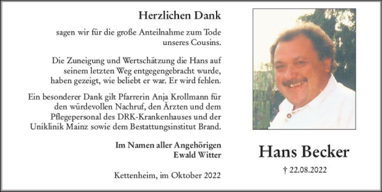 Traueranzeige von Hans Becker von vrm-trauer Allgemeine Zeitung Alzey