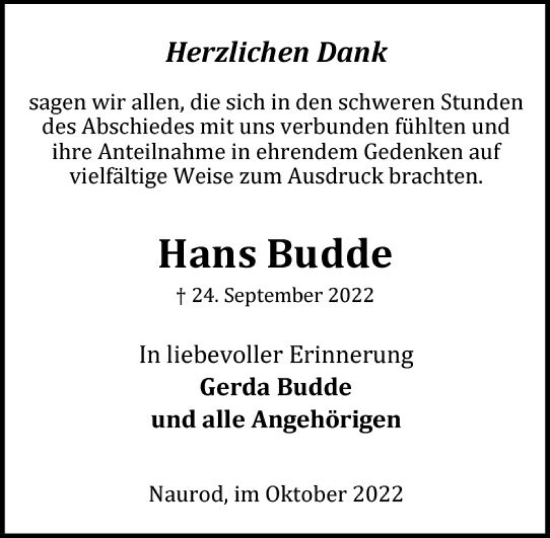 Traueranzeige von Hans Budde von vrm-trauer Wiesbadener Kurier