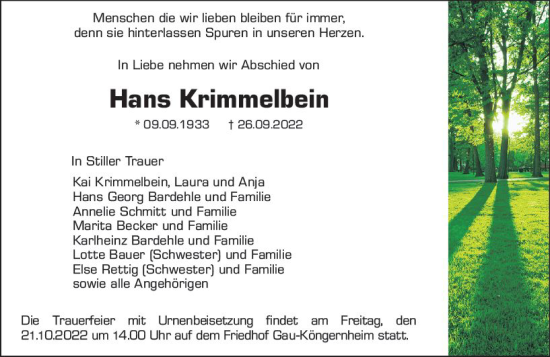 Traueranzeige von Hans Krimmelbein von vrm-trauer Allgemeine Zeitung Alzey