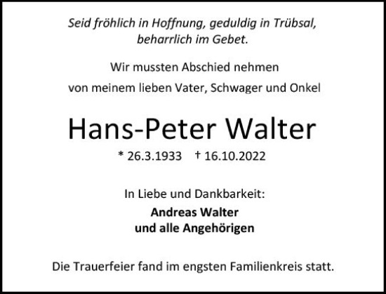 Traueranzeige von Hans-Peter Walter von vrm-trauer Darmstädter Echo