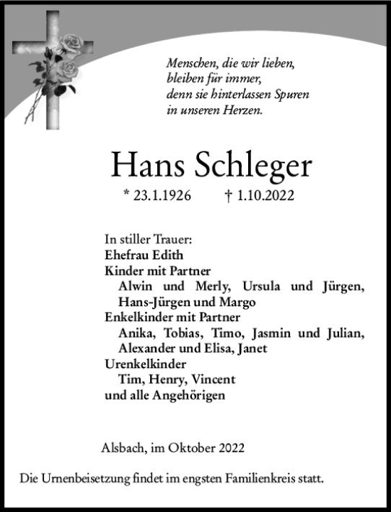 Traueranzeige von Hans Schleger von vrm-trauer Darmstädter Echo