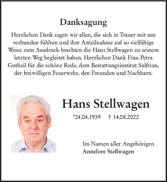 Traueranzeige von Hans Stellwagen von vrm-trauer Allgemeine Zeitung Alzey