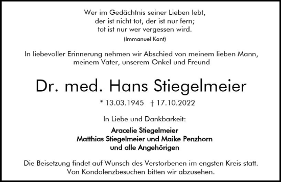 Traueranzeige von Hans Stiegelmeier von vrm-trauer Darmstädter Echo