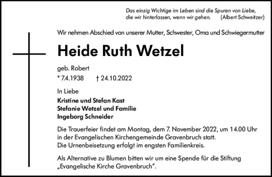 Traueranzeige von Heide Ruth Wetzel von vrm-trauer Darmstädter Echo