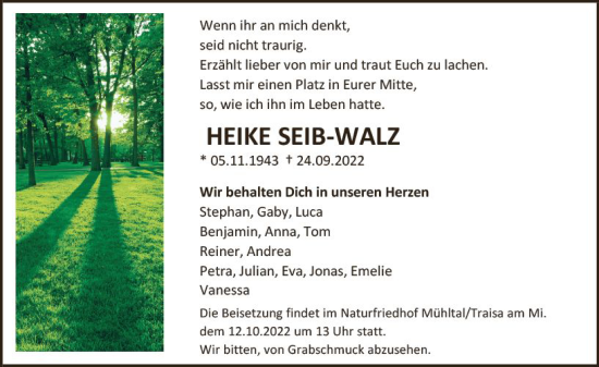 Traueranzeige von Heike Seib-Walz von vrm-trauer Darmstädter Echo
