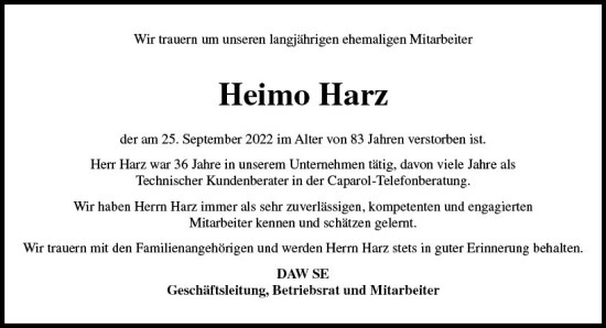 Traueranzeige von Heimo Harz von vrm-trauer Darmstädter Echo