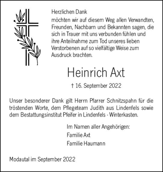 Traueranzeige von Heinrich Axt von vrm-trauer Darmstädter Echo