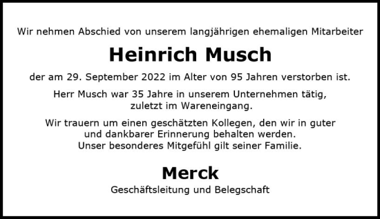 Traueranzeige von Heinrich Musch von vrm-trauer Darmstädter Echo