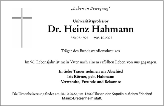 Traueranzeige von Heinz Hahmann von vrm-trauer AZ Mainz
