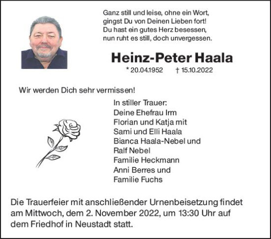Traueranzeige von Heinz-Peter Haala von vrm-trauer Odenwälder Echo