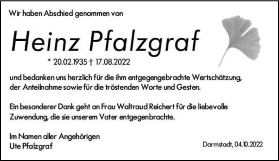 Traueranzeige von Heinz Pfalzgraf von vrm-trauer Darmstädter Echo