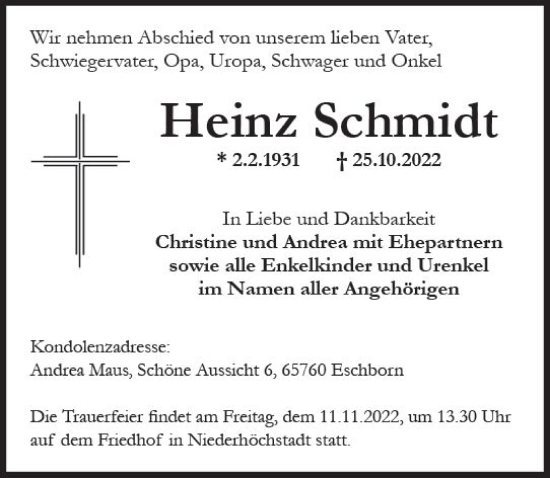 Traueranzeige von Heinz Schmidt von vrm-trauer Idsteiner Zeitung