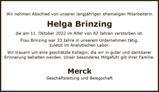 Traueranzeige von Helga Brinzing von vrm-trauer Darmstädter Echo