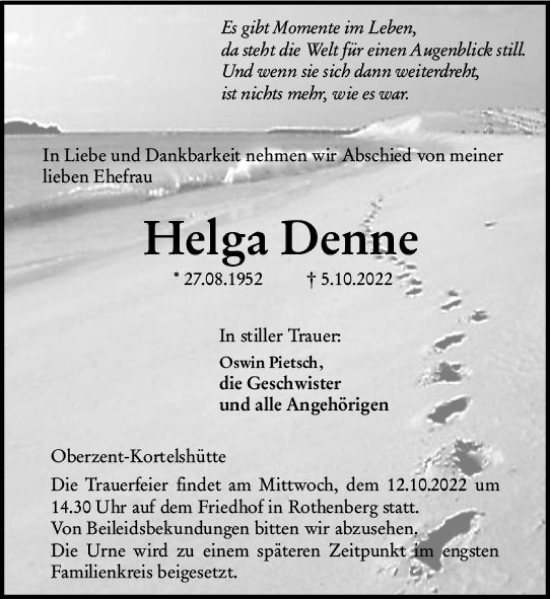 Traueranzeige von Helga Denne von vrm-trauer Odenwälder Echo