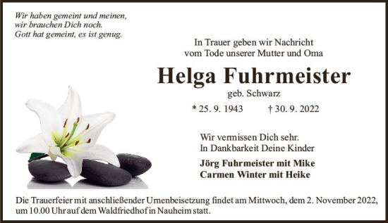 Traueranzeige von Helga Fuhrmeister von vrm-trauer Rüsselsheimer Echo / MainSpitze