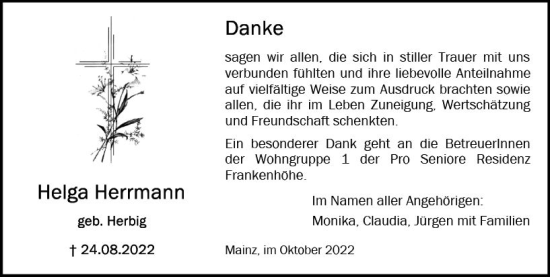 Traueranzeige von Helga Herrmann von vrm-trauer AZ Mainz