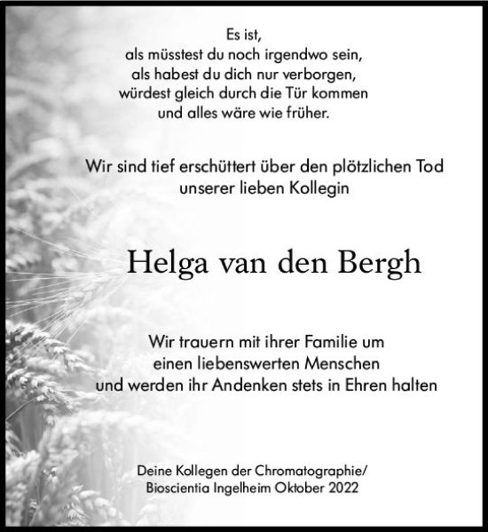 Traueranzeige von Helga van den Bergh von vrm-trauer Allgemeine  Zeitung Ingelheim-Bingen
