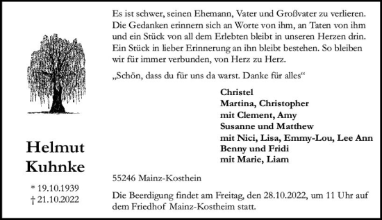 Traueranzeige von Helmut Kuhnke von vrm-trauer AZ Mainz