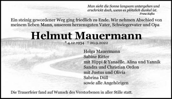 Traueranzeige von Helmut Mauermann von vrm-trauer AZ Mainz