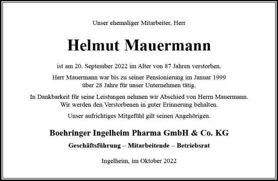 Traueranzeige von Helmut Mauermann von vrm-trauer AZ Mainz