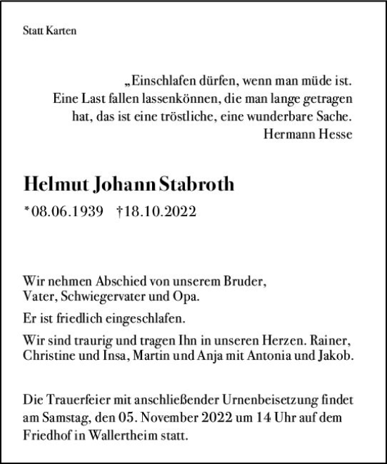 Traueranzeige von Helmut Johann Stabroth von vrm-trauer Allgemeine Zeitung Alzey