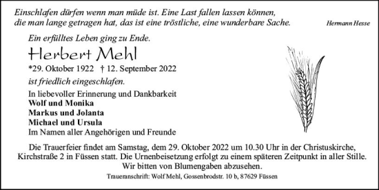 Traueranzeige von Herbert Mehl von vrm-trauer Bürstädter/Lamperth. Ztg/Starkenburger