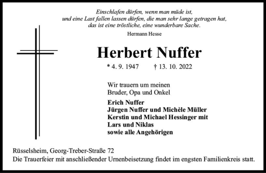 Traueranzeige von Herbert Nuffer von vrm-trauer Rüsselsheimer Echo / MainSpitze