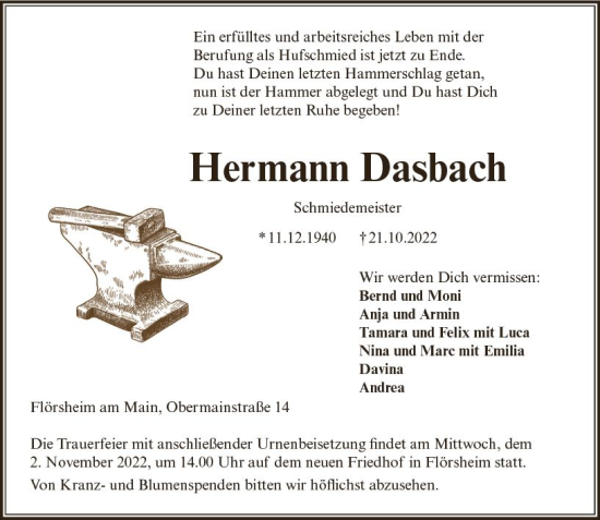 Traueranzeige von Hermann Dasbach von vrm-trauer Rüsselsheimer Echo / MainSpitze