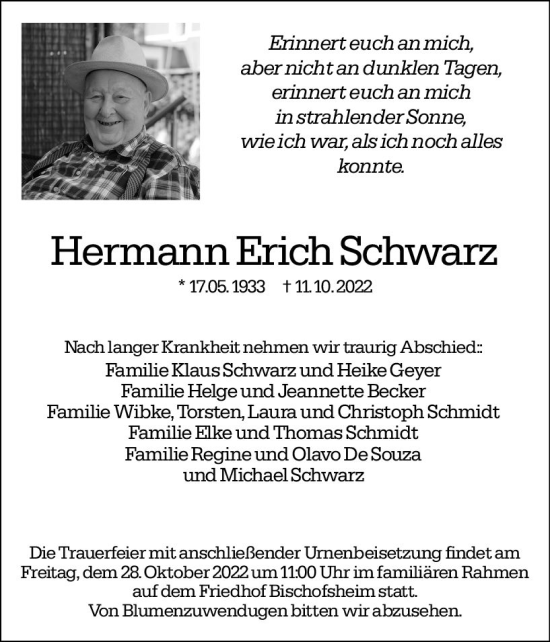Traueranzeige von Hermann Erich Schwarz von vrm-trauer Rüsselsheimer Echo / MainSpitze