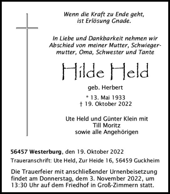 Traueranzeige von Hilde Held von vrm-trauer DieburgerAnzeiger/Groß-Zimmerner Lokala