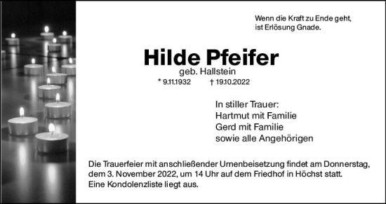 Traueranzeige von Hilde Pfeifer von vrm-trauer Odenwälder Echo