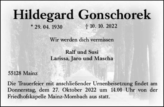 Traueranzeige von Hildegard Gonschorek von vrm-trauer AZ Mainz