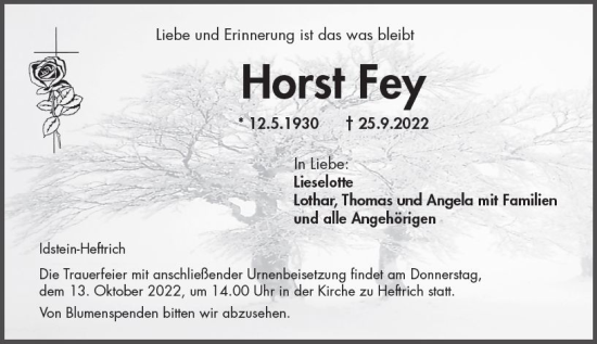Traueranzeige von Horst Fey von vrm-trauer Idsteiner Zeitung