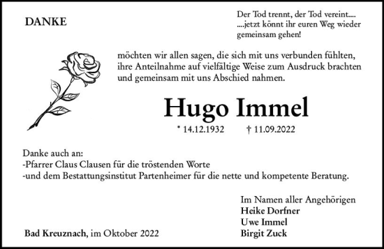 Traueranzeige von Hugo Immel von vrm-trauer Allg. Zeitung Bad Kreuznach