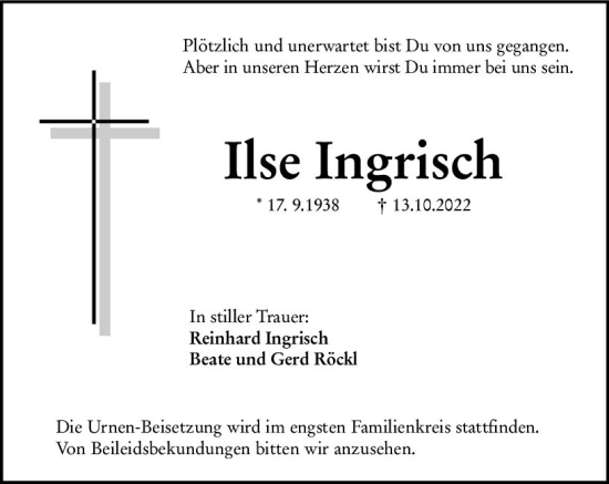 Traueranzeige von Ilse Ingrisch von vrm-trauer Groß-Gerauer Echo