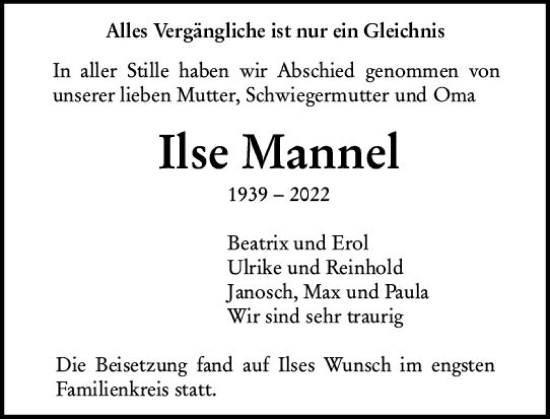 Traueranzeige von Ilse Mannel von vrm-trauer Darmstädter Echo